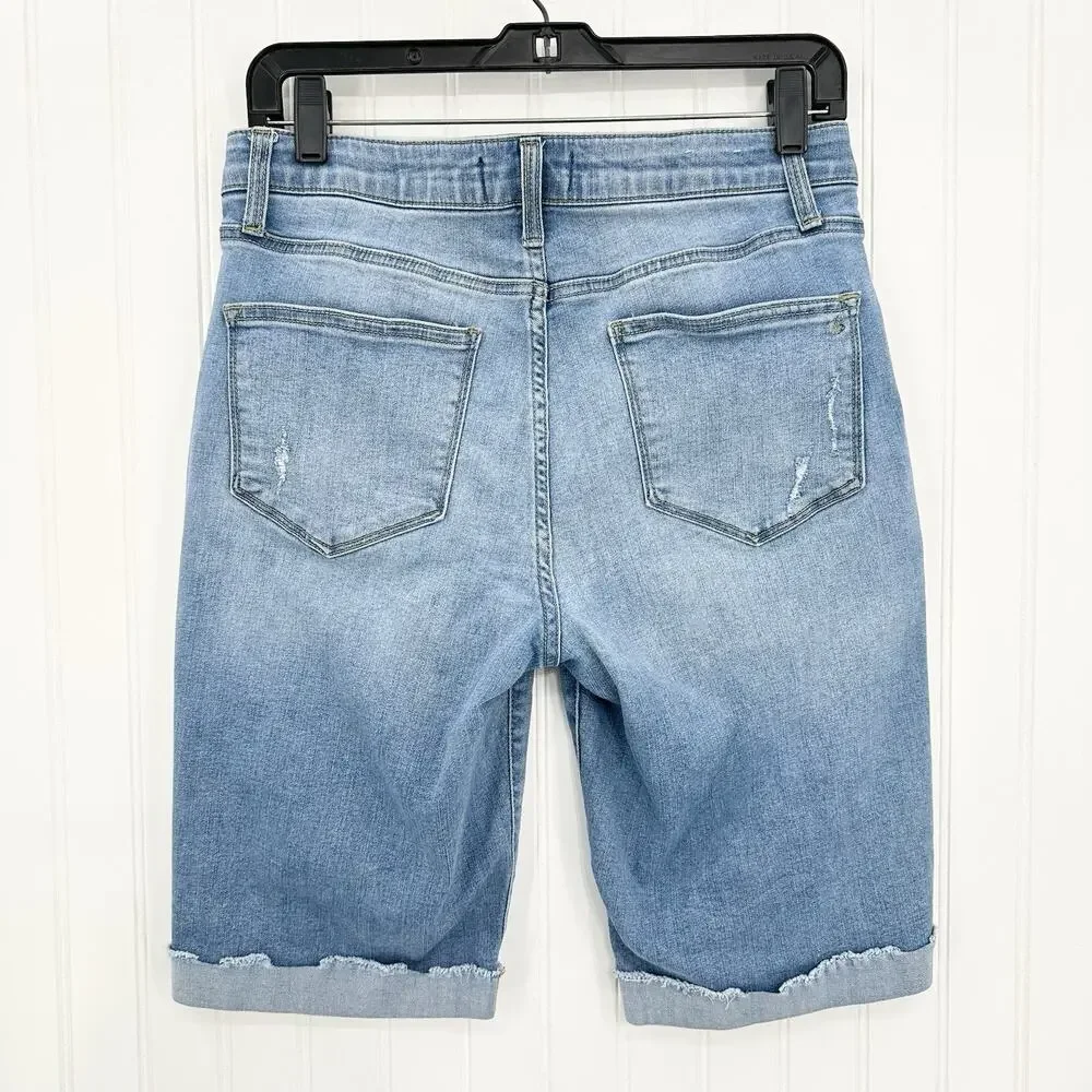 Lularoe Shorts 30 US 10 12 Skinny Bermuda Cuffed Blue Denim Tummy Panel Distress